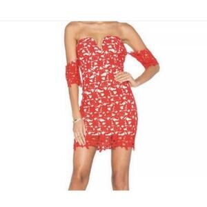 J.O.A Revolve Red/nude Off Shoulder Lace Overlay Mini Dress Size SM cocktail